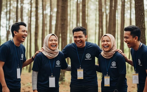 Rekan kerja tertawa bersama di sela sesi pada program team building luar ruang