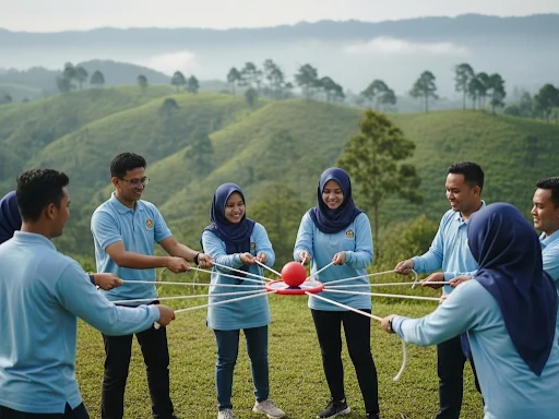 Satu tim bekerja sama menyelesaikan pos tantangan luar ruang dalam sesi berfasilitator
